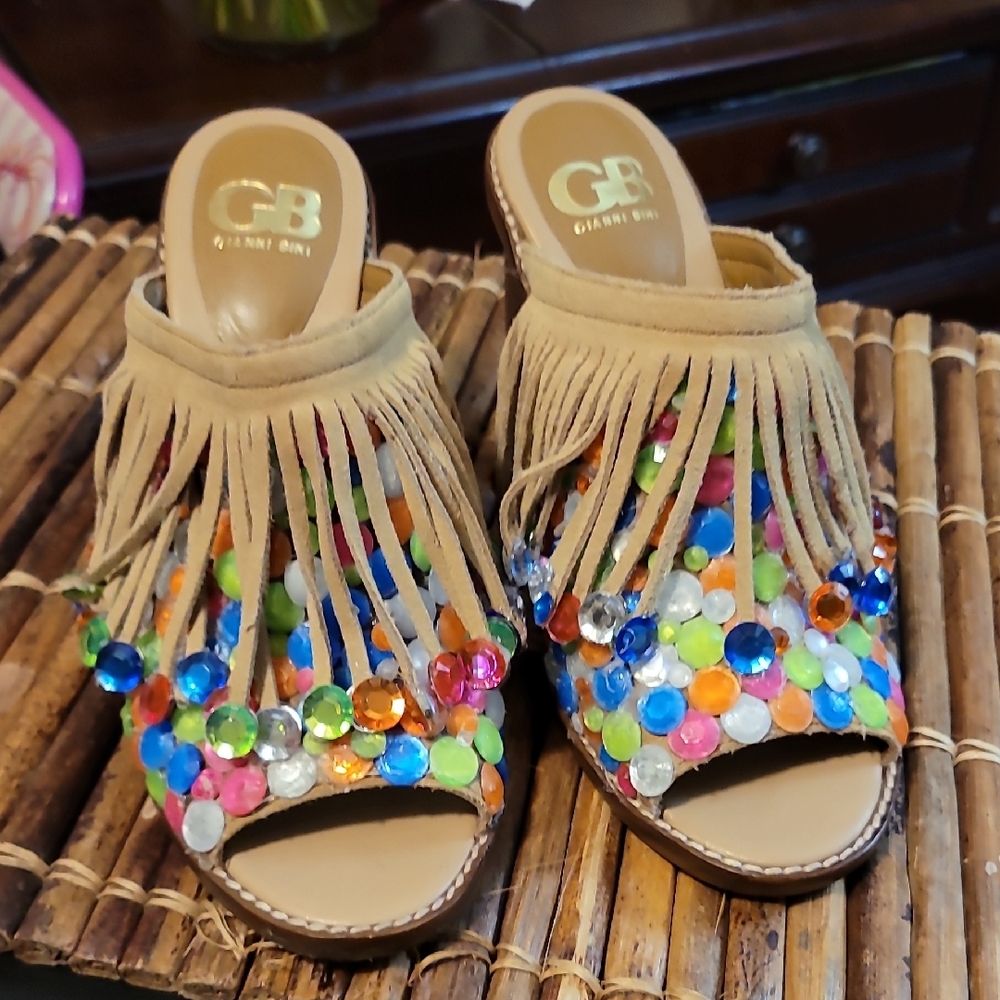 Gianni Bini Tan Fringe Heels with Multicolor Gems